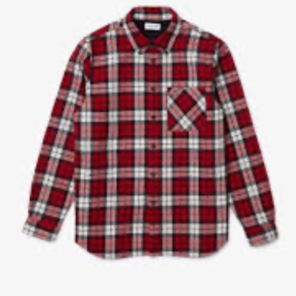 Lacoste Men's oversized red black plaid flannel button-front overshirt EUC